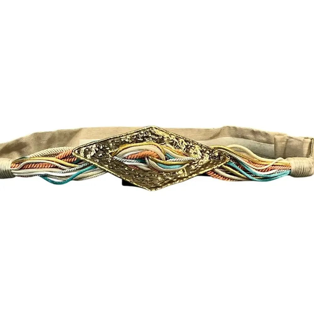Retro 80's Fabric Tan Gold Buckle Spring Pastel Multicolor Belt Women 28”- 32.5”